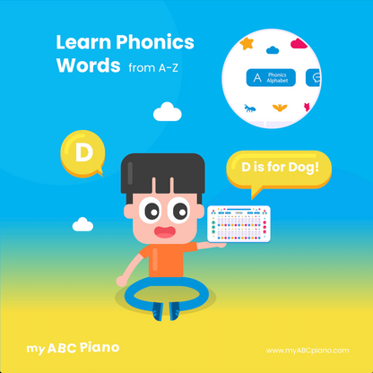 A cartoon image of a boy playing a word game on a phonics pad