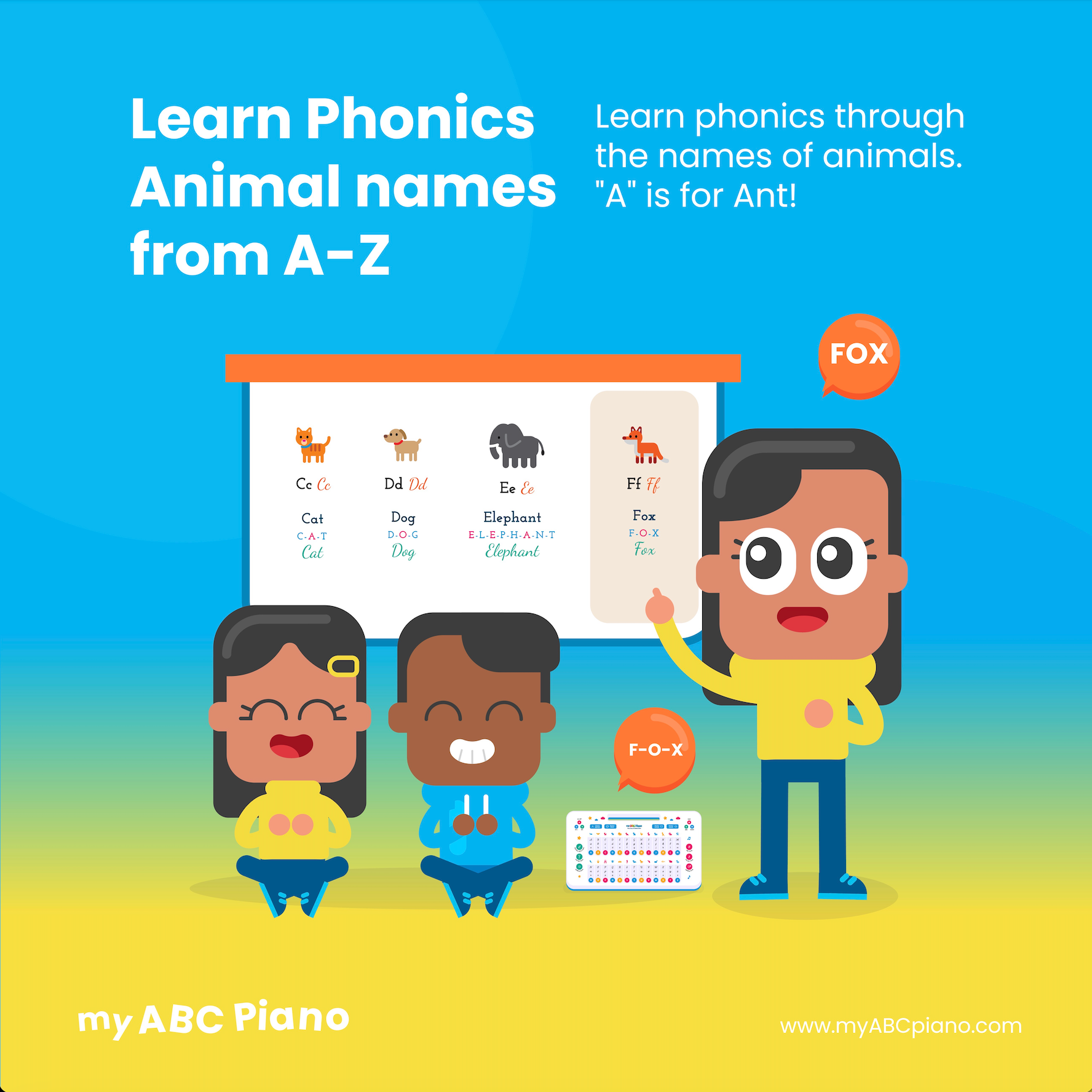 cartoon image of a teacher showing their students animals and phonics